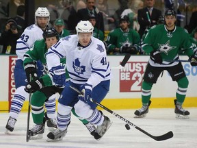 Toronto's Nikolai Kulemin, front, skates with the puck against the Dallas Stars in the first period at American Airlines Center on January 23, 2014 in Dallas, Texas.  (Photo by Ronald Martinez/Getty Images)