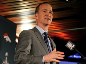 Broncos quarterback Peyton Manning addresses the media on January 26, 2014 in Jersey City, N.J.  (Elsa/Getty Images)