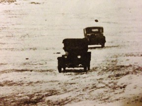 Rumrunner cars are shown crossing over a frozen Detroit River. (Courtesy of Marty Gervais)