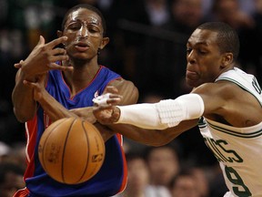 Boston's Rajon Rondo, right, steals the ball from Detroit's Brandon Knight last season in Boston.(Elsa/Getty Images)