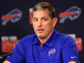 Former Detroit Lions head coach Jim Schwartz meets with the media in Orchard Park, N.Y., Monday, Jan. 27, 2014 after the Buffalo Bills hired him as their defensive co-ordinator. (AP Photo/The Buffalo News, Harry Scull Jr.)