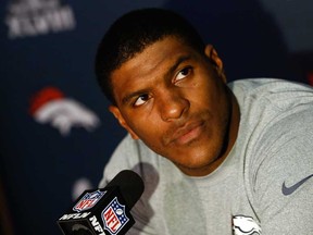 Julius Thomas of the Denver Broncos speaks to the media during Super Bowl XLVIII media availability January 27, 2014 in Jersey City, New Jersey. The Denver Broncos and Seattle Seahawks will meet at Super Bowl XLVIII at Metlife Stadium on February 2, 2014. (Jeff Zelevansky/Getty Images)