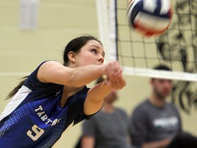 A player from the Walkerville Tartans returns a ball during a volleyball game against the Lajeuenesse Royal on Monday, Jan. 20, 2014. (TYLER BROWNBRIDGE/The Windsor Star)