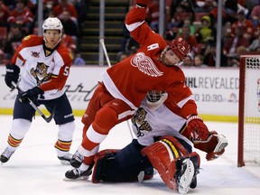 Detroit's Daniel Cleary, left, falls over Florida goalie Tim Thomas during the first period of an NHL hockey game in Detroit, Sunday, Jan. 26, 2014. (AP Photo/Carlos Osorio)
