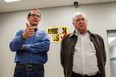 In this Feb. 14, 2014, photo, United Auto Workers President Bob King, left, and Dennis Williams, now secretary-treasurer for the union, discuss the union's 712-626 defeat in an election at the Volkswagen plant in Chattanooga, Tenn. The UAW on Friday, Feb. 21, 2014, filed an objection with the National Labor Relations Board seeking to vacate the result and order a new election. (AP Photo/Erik Schelzig)
