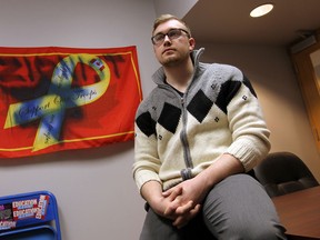 Jake De Jong, vice-president of academic affairs for the University of Windsor Student Alliance, shown Thursday, Feb. 27, 2014, in his office in the UWSA, which was vandalized. The student association at the U of W is in the middle of a controversial referendum and many think it is related.                 (TYLER BROWNBRIDGE/The Windsor Star)