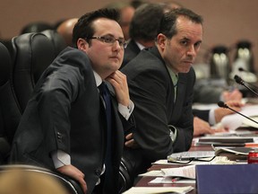 Windsor councillors Irek Kusmierczyk (L) and Bill Marra are shown during an executive committee meeting of city council, Monday, Feb. 24, 2014. (DAN JANISSE/The Windsor Star)