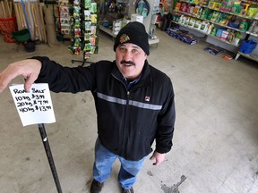 Brian Chapieski, co-owner of Canada Salvage, stands where he would normally store up to five pallets of salt in his store in Windsor on Wednesday, February 5, 2014. Due to a shortage he has been unable to keep it in stock.                                  (TYLER BROWNBRIDGE/The Windsor Star)