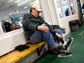 In this file photo, Mark Pettigrew put on skates for the first time in more than 30 years at the Tecumseh Arena Sunday, Feb. 16, 2014, after receiving a double lung transplant last year. He hopes to raise awareness about organ and tissue donation. (JOEL BOYCE/The Windsor Star)