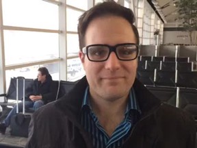 Vincent Georgie checks in before boarding his plane to Los Angeles on Thursday, Feb. 27, 2014, to cover the 86th Academy Awards. (Screengrab)