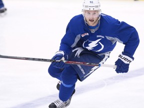 Tampa Bay Lightning forward Steven Stamkos skates during practice in Toronto on Tuesday, January 28, 2014. Stamkos, who broke his leg in November, hopes that he will be able to play with the Lightning and then participate in the Sochi games next month. THE CANADIAN PRESS/Nathan Denette