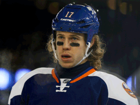 Windsor's Matt Martin of the New York Islanders takes a break against the New York Rangers at Yankee Stadium. (Photo by Elsa/Getty Images)