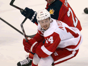 Detroit's Gustav Nyquist, front, is checked by Florida's Scott Gomez Thursday in Sunrise, Fla. (AP Photo/J Pat Carter)
