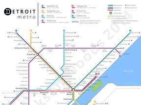 The latest version of Jackson Woods' Detroit Metro fantasy map: a comprehensive rapid transit system for the tri-county area of southeastern Michigan plus Essex County, Ontario. Updated Feb. 3, 2014. (Courtesy of Jackson Woods' website)