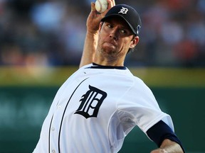 Former Tiger Doug Fister pitches against Oakland during the ALDS at Comerica Park on October 8, 2013 in Detroit. (Rob Carr/Getty Images)