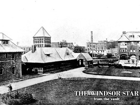 Reminiscent of old Victorian days in the former Town of Walkerville is this old engraving of the original station of the Lake Erie, Essex and Detroit River Railway Company founded in 1885 by Hiram Walker and opened for traffic three years later. The station is the low building in the centre with tower and arch. The larger building to the left is the annex, built some years later. The Queen Victoria Jubilee Fountain is at the right. The station has been torn down and the fountain is now a derelict. Back in the 1930's a "mixed' train pulled out daily for St. Thomas. (Star File Photo)