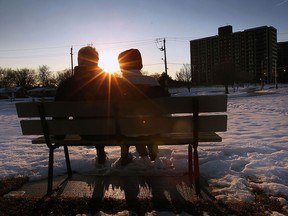 After weeks of arctic-like temperatures the region welcomed some warmer weather Wednesday, Feb. 19, 2014. Len and Valerie Drew enjoyed the setting sun along the Little River in Windsor, Ont.   (DAN JANISSE/The Windsor Star)