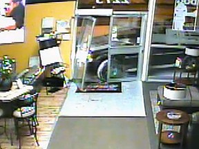 On Saturday January 25, 2014 at about 4:15 a.m., Windsor Police were dispatched to Aaron's rentals located in the 2200 block of Tecumseh Road West in relation to a commercial alarm.  A grey SUV is seen after smashing open the front door of the business.