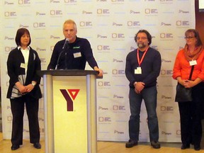 Rob Whent, centre, Founder and CEO of Thriver announces major channel partners today at a press conference held in Toronto.  From left to right - Cathy Thompson, President of Beyond the Classroom Tutoring, Dr. Dragana Martinovic, Director of the Human Development Technologies Research Group at the University of Windsor, Rob Whent, Thriver, Don Adams,Director YMCA Academy, Pattie Dupont and Julie Belair-Bak from Scholars Choice.