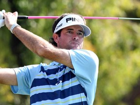 Bubba Watson watches a tee shot during the final round of the Northern Trust Open at Riviera Country Club in the Pacific Palisades area of Los Angeles, Sunday, Feb. 16, 2014.  (AP Photo/Reed Saxon)