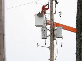 An Essex Power Lines employee cuts down tree branches that fell on a transformer in front of Dominion Golf and Country Club, Monday, July 10, 2011. (DAX MELMER / The Windsor Star)