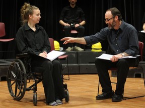 The University of Windsor School of Dramatic Art students Kathleen Welch and Michael Keating rehearse a scene from No Great Mischief on Tuesday. (DAN JANISSE / The Windsor Star)