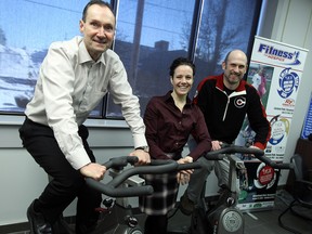 President of Windsor Mold Keith Henry, left, Rachel Miceli, operations administrator and corporate wellness co-ordinator and John McKibbon, Fitness for Hospice co-ordinator gear up for the annual Spinergize in Windsor on March 22 at Caesars Windsor. The event raises money for the Hospice of Windsor and Essex County and will run from 7 a.m. to noon. (TYLER BROWNBRIDGE / The Windsor Star)