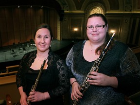 WSO flautist Jaimie Wagner, left, and English horn player Faith Scholfield. (DAX MELMER / The Wiindsor Star)