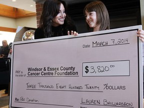 Files: Lauren Baillargeon presents Houida Kassem, left, with a cheque for the Windsor Essex Cancer Centre at Windsor Regional Hospital in Windsor on March 7, 2014. 
 (TYLER BROWNBRIDGE/The Windsor Star)
