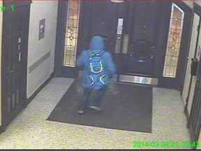 An image from a surveillance video showing a break-in suspect at 1368 Ouellette Ave. in Windsor on March 4, 2014. (Handout / The Windsor Star)