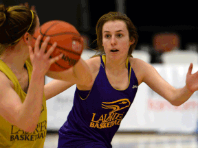 Laurier's Bree Chaput, right, practises at the St. Denis Centre Thursday in preparation for the CIS women's basketball championships. (NICK BRANCACCIO/The Windsor Star)