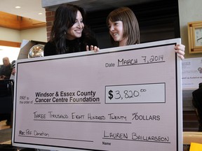 Lauren Baillargeon presents Houida Kassem (left) with a cheque for the Windsor Essex Cancer Centre at Windsor Regional Hospital in Windsor on Friday, March 7, 2014. Baillargeon raised $3820 dollars after originally setting out to raise $50. (TYLER BROWNBRIDGE/The Windsor Star)