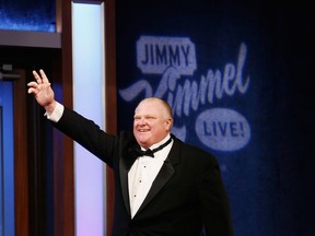 In this Sunday, March 2, 2014 photo released by ABC shows Rob Ford on the 9th annual "Jimmy Kimmel Live: After the Oscars" Special on the ABC, broadcast from Disney's El Capitan Theater located on Hollywood Boulevard, in Los Angles. The studio is just steps away from Dolby Theater, home to the Academy Awards. (AP Photo/ABC, Randy Holmes)