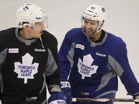 Toronto Maple Leafs Dion Phaneuf (L) and Nazem Kadri are shown during practice Tues., March 18, 2014, at the Joe Louis Arena in Detroit, MI. where they face the Detroit Red Wings this evening. (DAN JANISSE/The Windsor Star)