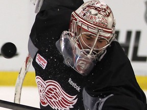 Detroit Red Wing goalie Petr Mrazek is shown during practice Tues., March 18, 2014, at the Joe Louis Arena in Detroit, MI. where they face the Toronto Maple Leafs this evening. (DAN JANISSE/The Windsor Star)