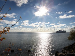 The M.V. Jiimaan sits on a sandbar Friday, OCt. 12, 2012, near the Kingsville Harbour in Kingsville, Ont. The ferry ran aground while approaching the dock with 34 people aboard. (DAN JANISSE/ The Windsor Star)