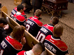Saginaw Spirit hockey players attend a funeral service for teammate Terry Trafford in Toronto. (THE CANADIAN PRESS/Frank Gunn)