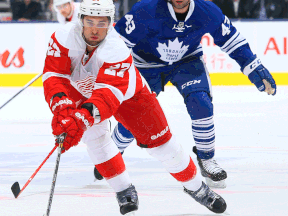 Toronto's Nazem Kadri, right, chases Detroit's Kyle Quincey Saturday at the Air Canada Centre. (Photo by Abelimages/Getty Images)