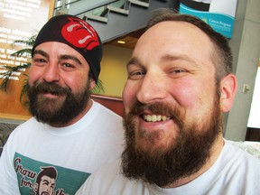 Windsor residents Chris Hatt and cousin Mike Tavares, left, show off the beards they grew to raise money for the Windsor Essex County Cancer Centre Foundation, March 14, 2014. (Dalson Chen / The Windsor Star)