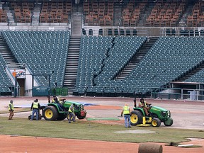 Workers lay sod in the infield at Comerica Park in Detroit, MI. on Thursday, March 20, 2014 on the first day of spring. Opening day is less than two weeks away. (DAN JANISSE/The Windsor Star)