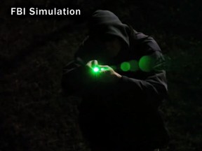 An image from an FBI simulation of a laser pointer incident with an aircraft. Image from FBI.gov.