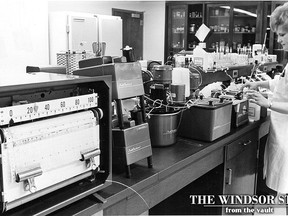 Time-saving automation has been pressed into service at the new laboratory at Grace hospital to increase production while reducing costs. The above technician, Mrs. Dorothy Booth, demonstrates an $11,000 automatic chemical analyzer on March 9, 1968 that has helped Grace to nearly double its number of lab tests. (FILES/The Windsor Star)