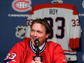 Former Montreal Canadiens goaltender Patrick Roy smiles during a news conference in Montreal in 2008. He announced the retirement of his sweater and number 33. (THE GAZETTE/John Mahoney)
