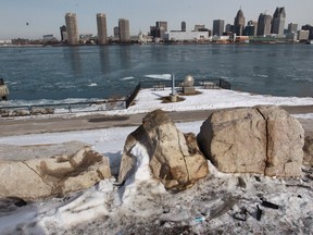 Boulders along Riverside Drive are photographed on Sunday, March 9, 2014. Police say a vehicle flipped over the guard rail at Crawford Avenue and Riverside Drive and into boulders, which prevented the vehicle from rolling into the river. (DAX MELMER/ The Windsor Star)