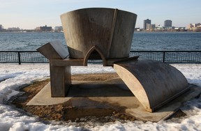 A metalic sculpture sits on display as part of Windsor's Sculpture Garden along the Windsor waterfront, Monday, March 10, 2014.  (DAX MELMER/The Windsor Star)