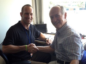 Windsor's Joe Siddall, left, sits in the broadcast booth with Toronto Blue Jays play-by-play radio announcer Jerry Howarth. Siddal will be the Blue Jays' new radio analyst. (HANDOUT/The Windsor Star)