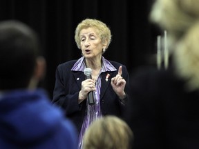 Dr. Eva Olsson speaks to students at Percy P. McCallum Public School in Windsor in October 2011. Olsson is a leading writer, public speaker and Holocaust survivor. (JASON KRYK / Windsor Star files)