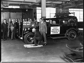 Ceremonies are held in Windsor 1931 for the final assembly of the first Packard automobile assembled in Canada. The former Packard plant was at Chatham Street and Church Street in Windsor. Production was later moved to a new facility on Huron Church Road near the Ambassador Bridge. (Windsor Star files)