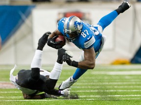 Tight end Brandon Pettigrew (87) of the Detroit Lions is tackled by free safety Matt Elam of the Baltimore Ravens during the second half at Ford Field on Dec. 16, 2013 in Detroit. (Jason Miller / Getty Images)