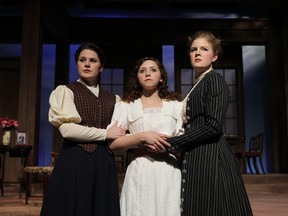 Brittany Copo, left, Mallory Morgan and Hannah Ziss rehearse a scene from University Players' production of  Chekhov's Three Sisters, at Essex Hall Theatre in Windsor. (TYLER BROWNBRIDGE / The Windsor Star)